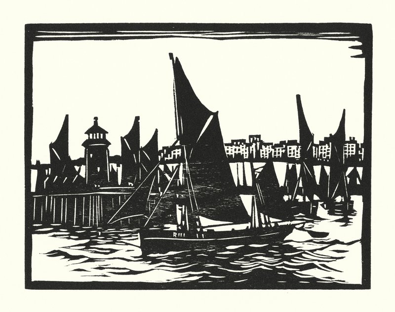Vissersboten en Aken: Ramsgate Trawlers (houtsnede) door Cyril A. Wilkinson