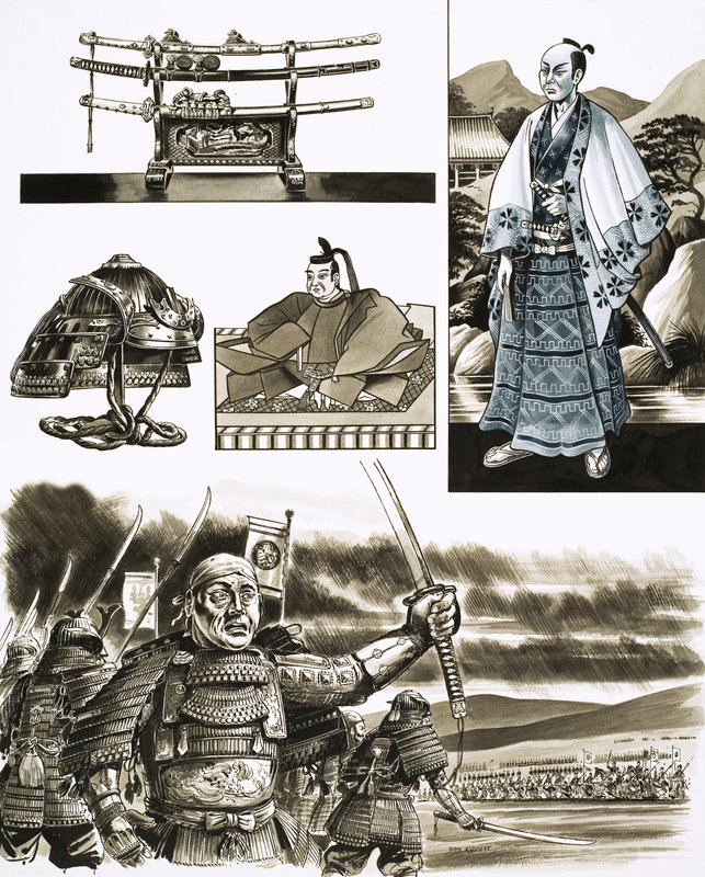 De handel van de samoerai is roven en geweld (gouache op papier) door Dan Escott