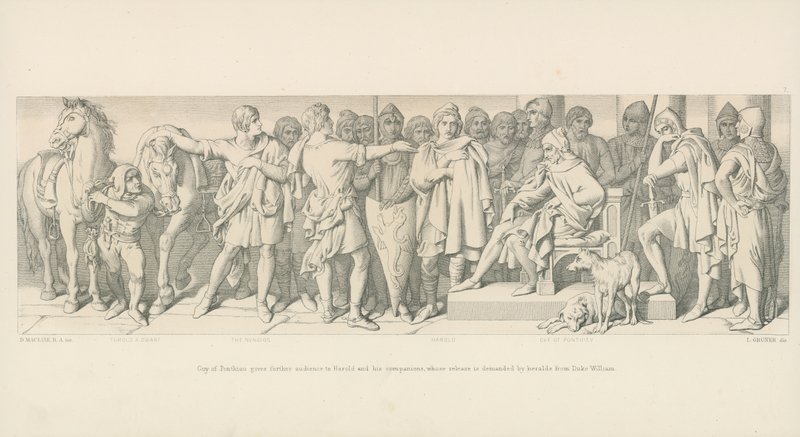 Guy van Ponthieu geeft Verdere Audiëntie aan Harold en zijn Metgezellen, wiens Vrijlating wordt Geëist door Heralds van Hertog Willem door Daniel Maclise