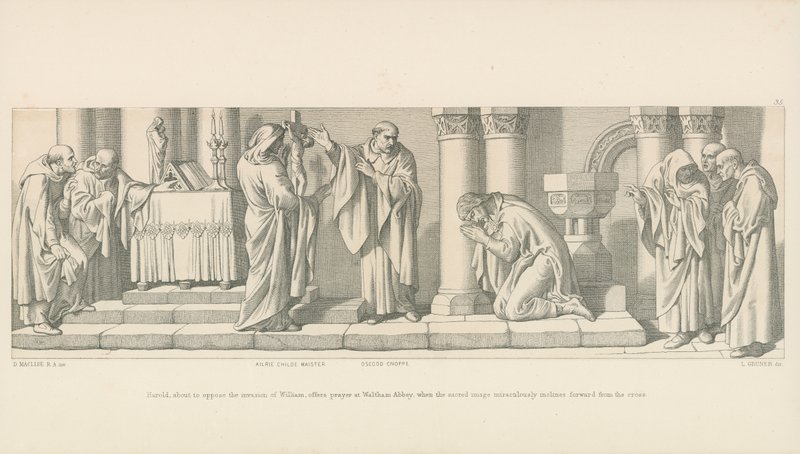 Harold, op het punt om de invasie van Willem te weerstaan, bidt in de abdij van Waltham, wanneer het heilige beeld wonderbaarlijk naar voren buigt vanaf het kruis door Daniel Maclise