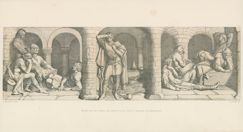 Harold en de Saksen zijn opgesloten in het kasteel van Beaurain, nabij Montreuil door Daniel Maclise