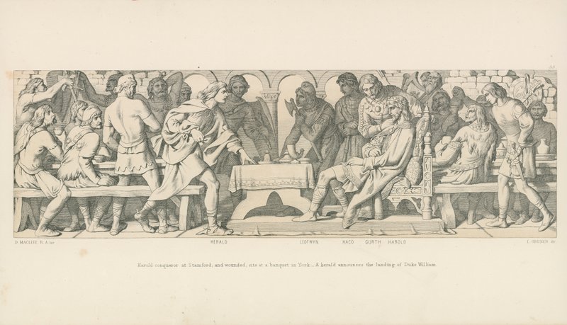 Harold veroveraar in Stamford, en gewond, zit aan een banket in York. Een heraut kondigt de landing van hertog Willem aan door Daniel Maclise