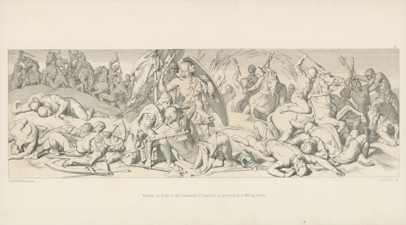 Harold, voor de Standaard van Engeland, wordt doorboord door een vallende pijl door Daniel Maclise