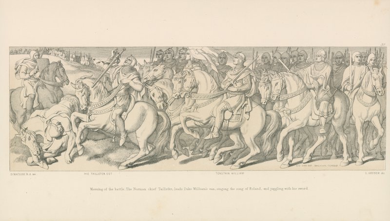 Ochtend van de slag. De Normandische hoofdman Taillefer leidt het voorhoede van hertog Willem, zingend het lied van Roland en jonglerend met zijn zwaard door Daniel Maclise