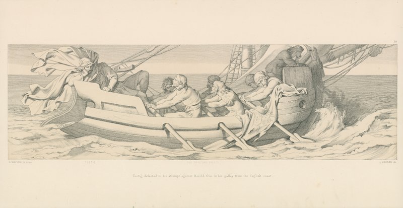 Tostig, verslagen in zijn poging tegen Harold, vlucht in zijn galei van de Engelse kust door Daniel Maclise