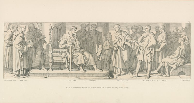 Willem raadpleegt de edelen en kooplieden van zijn hertogdom voor hulp bij zijn ontwerp door Daniel Maclise