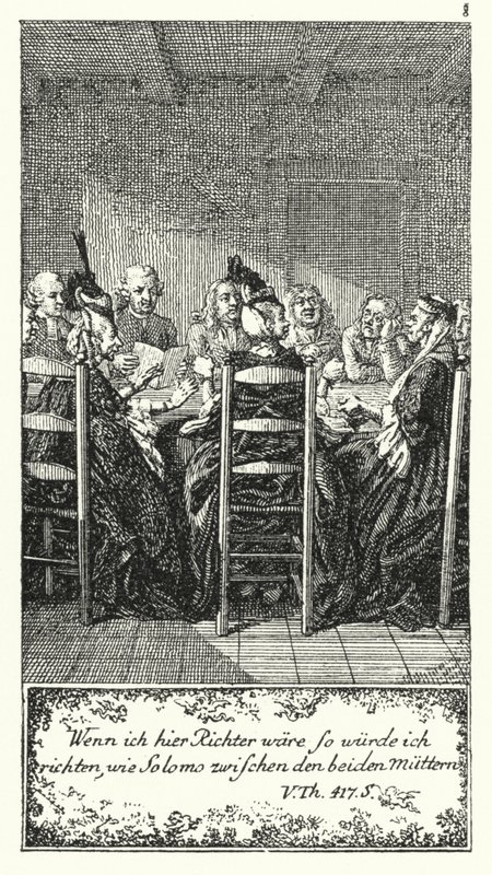 Als ik hier rechter was, zou ik oordelen als Salomo tussen de twee moeders (gravure) door Daniel Nikolaus (after) Chodowiecki