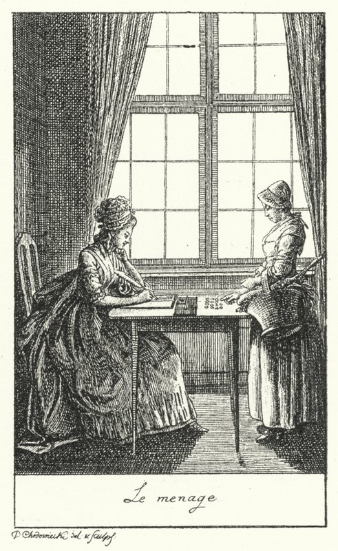 Het huishouden runnen (gravure) door Daniel Nikolaus (after) Chodowiecki