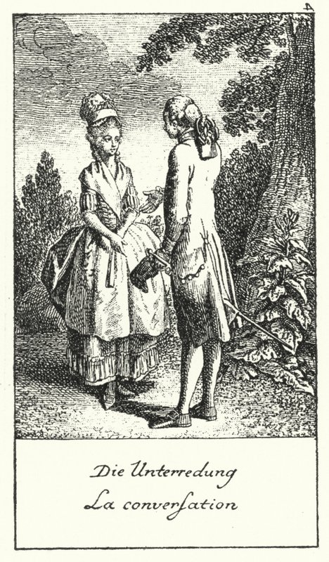 Het gesprek (gravure) door Daniel Nikolaus (after) Chodowiecki