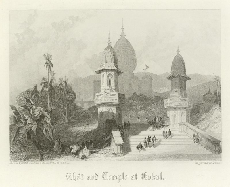 Ghat en tempel in Gokul, India door David Roberts