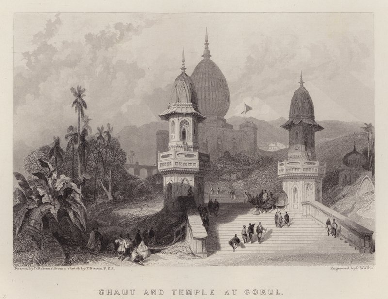 Ghat en Tempel in Gokul door David (after) Roberts