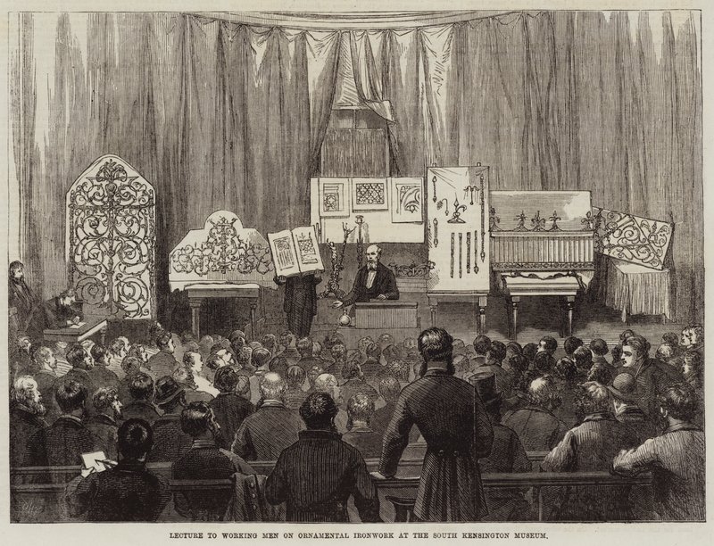 Lezing voor arbeiders over sierijzerwerk in het South Kensington Museum door David Henry Friston