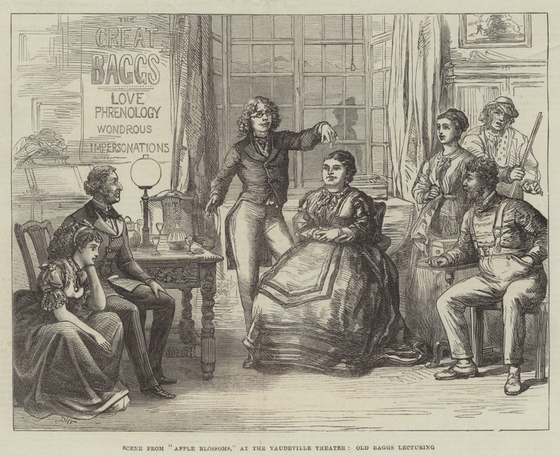 Scène uit Apple Blossoms, in het Vaudeville Theatre, Old Baggs geeft een lezing door David Henry Friston
