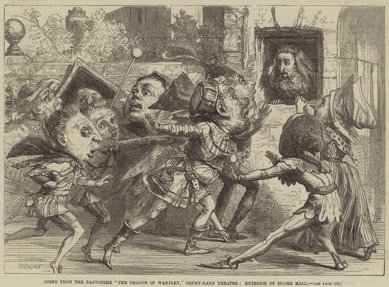 Scène uit de pantomime The Dragon of Wantley, Drury-Lane Theatre, buitenkant van Moore Hall door David Henry Friston