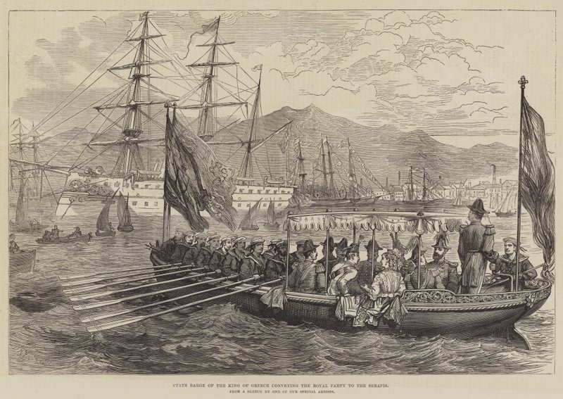 Staatsbark van de Koning van Griekenland die het Koninklijk Gevolg naar de Serapis Brengt door David Henry Friston