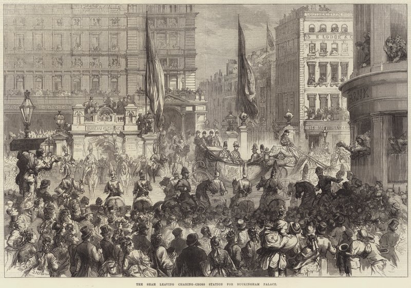 De Shah verlaat Charing-Cross Station naar Buckingham Palace door David Henry Friston