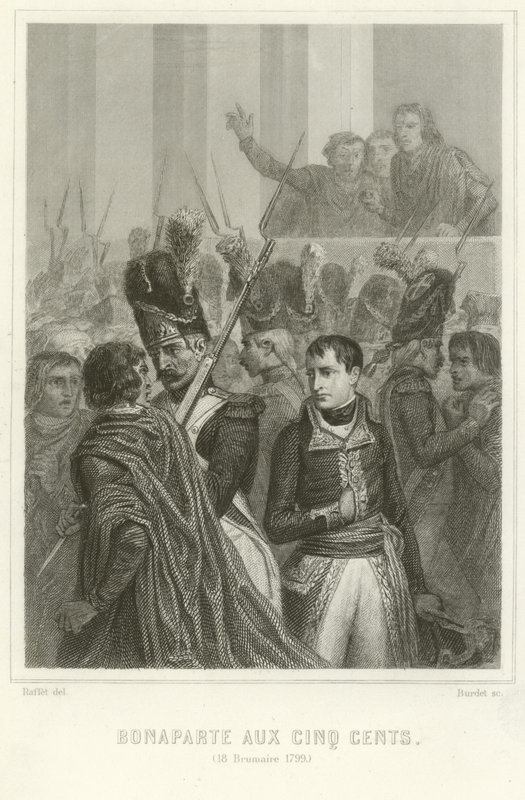 Napoleon Bonaparte omringd door leden van de Raad van Vijfhonderd door Denis Auguste Marie Raffet