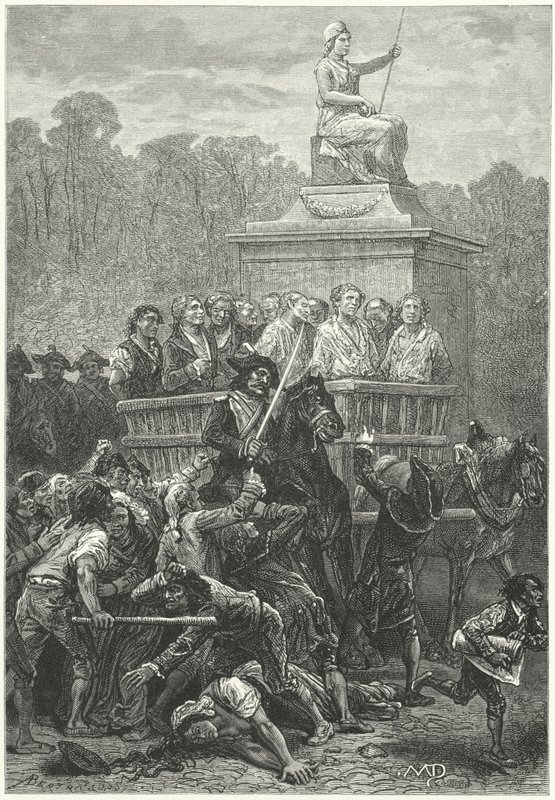 Een kar vol gevangenen op weg naar de guillotine, Franse Revolutie (gravure) door Diogene Ulysse Napoleon Maillart