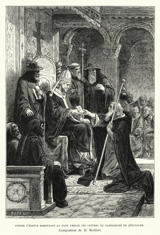 Pierre de Kluizenaar overhandigt paus Urbanus de brieven van de patriarch van Jeruzalem (gravure) door Diogene Ulysse Napoleon Maillart