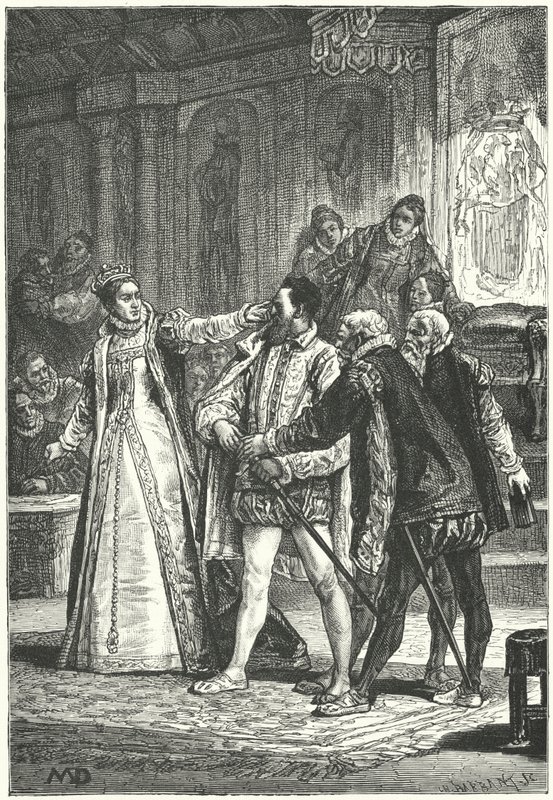 De Graaf van Essex dreigt zijn zwaard te trekken nadat Koningin Elizabeth I hem een klap om het oor gaf voor zijn brutaliteit, 1598 door Diogene Ulysse Napoleon Maillart