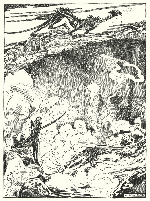 "We zagen de drakenwelpen naar het zwembad gaan om te drinken en zichzelf schoon te maken" (gravure) door Dion Clayton Calthrop