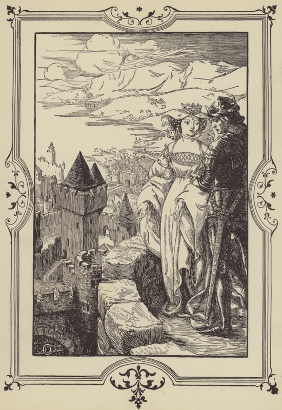 Annoure bracht de Koning naar de kantelen (litho). door Dora Curtis