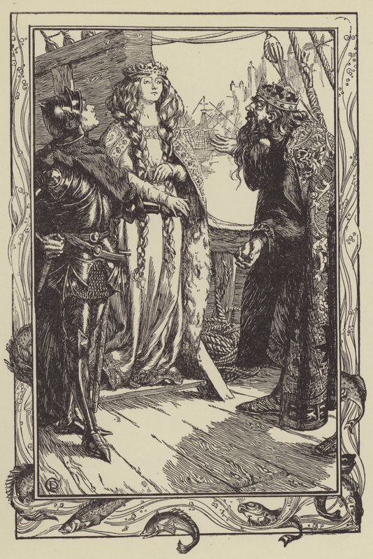 Koning Anguish geeft Isolt aan Sir Tristram (litho). door Dora Curtis