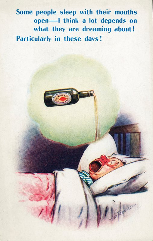 Alcoholisme: man slaapt met open mond en droomt van bier (kleurenlitho) door Douglas Tempest