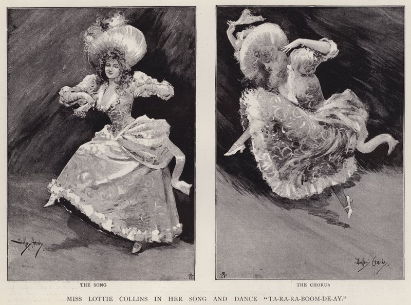 Engelse music hall zangeres en danseres Lottie Collins die haar populaire lied Ta-Ra-Ra-Boom-De-Ay uitvoert door Dudley Hardy