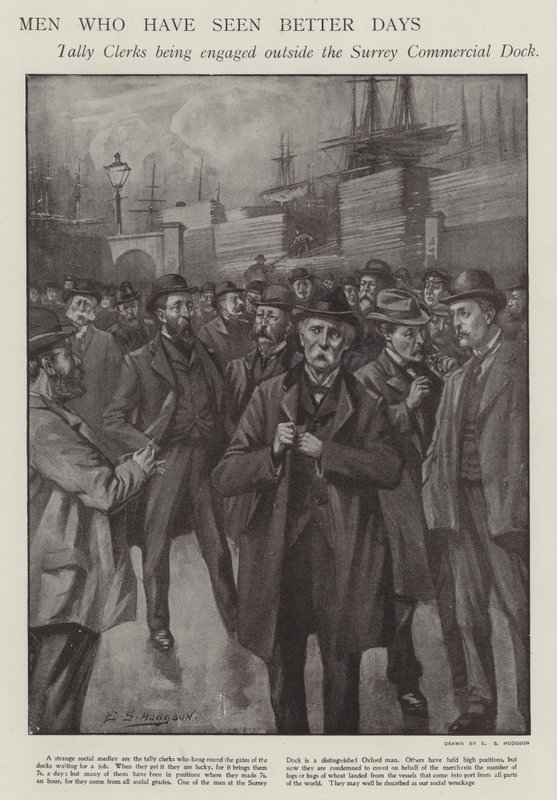 Mannen die betere dagen hebben gezien: tally clerks worden ingehuurd buiten de Surrey Commercial Dock, Londen door E. S. (after) Hodgson