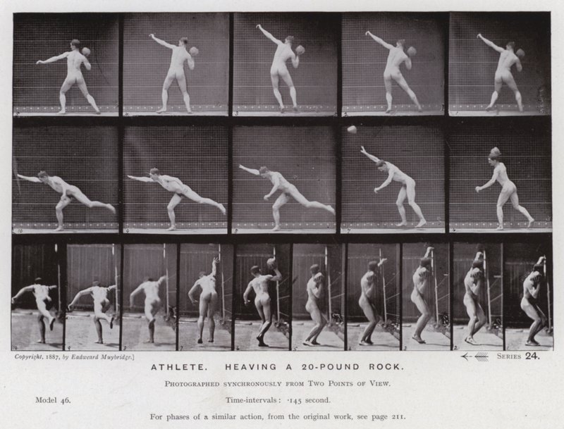 Het menselijk lichaam in beweging: Atleet, werpt een twintig-pond steen (zwart-wit foto) door Eadweard Muybridge