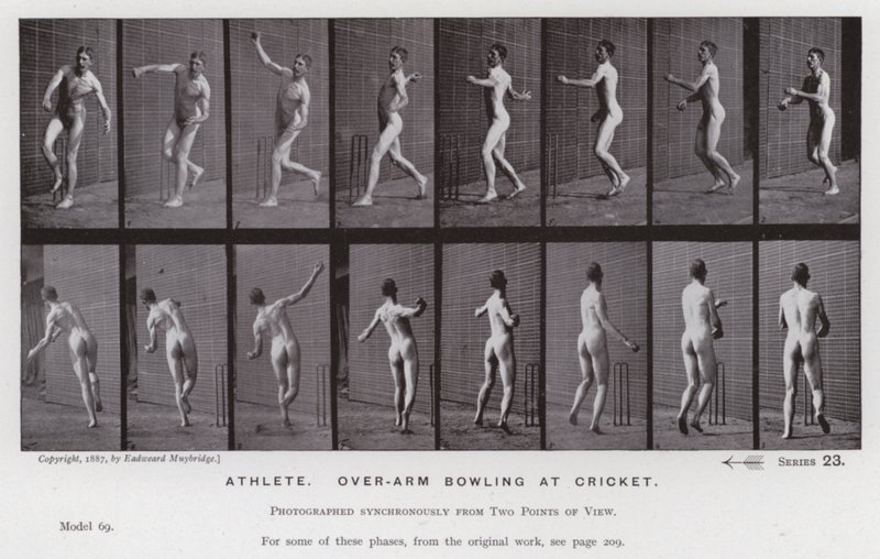De menselijke figuur in beweging: Atleet, overarm bowlen bij cricket door Eadweard Muybridge