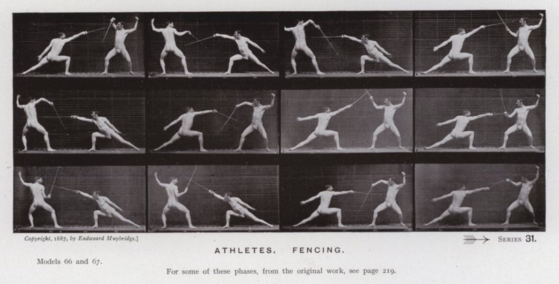 Het menselijk lichaam in beweging: Atleten, schermen (zwart-wit foto) door Eadweard Muybridge
