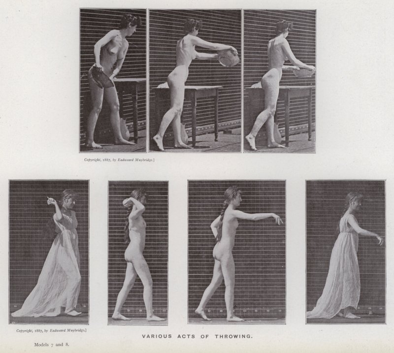 De menselijke figuur in beweging: Verschillende handelingen van gooien door Eadweard Muybridge