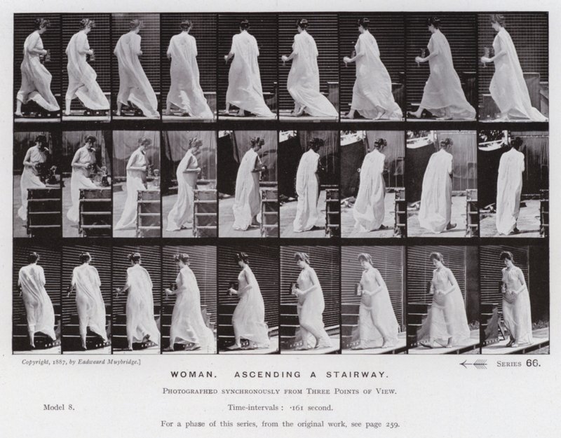 De menselijke figuur in beweging: Vrouw, een trap oplopen door Eadweard Muybridge