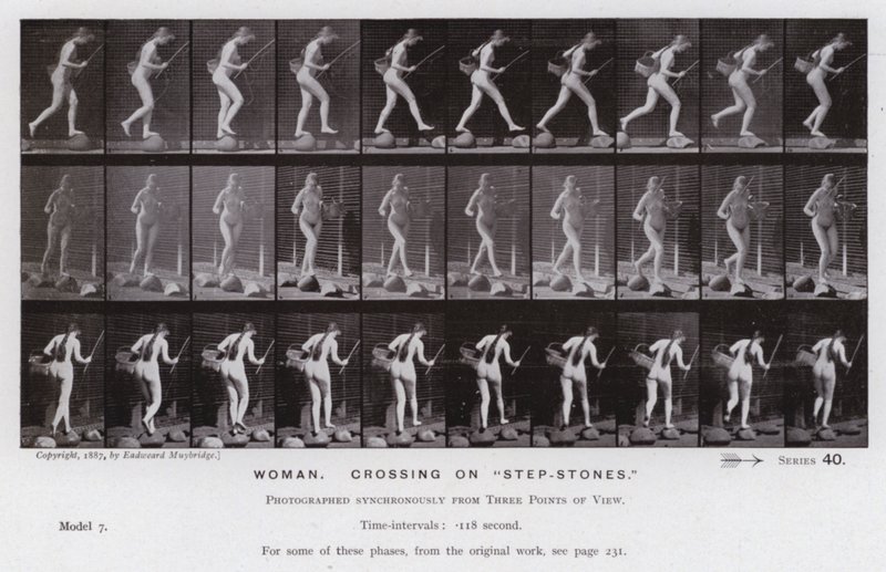 Het Menselijk Lichaam in Beweging: Vrouw, over "stapstenen" door Eadweard Muybridge