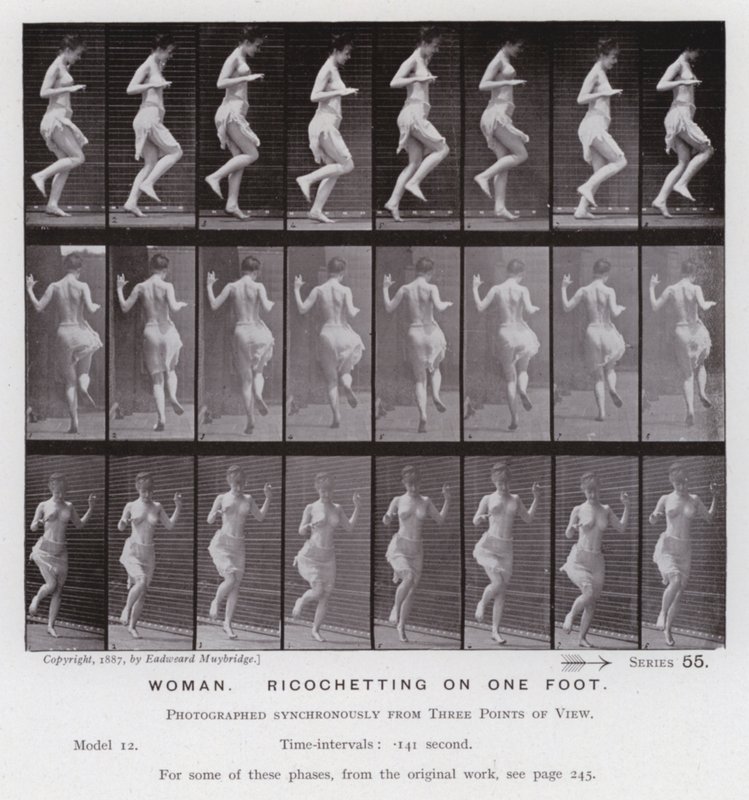 De menselijke figuur in beweging: Vrouw, hinkelen op één voet door Eadweard Muybridge