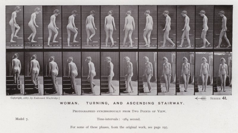 De menselijke figuur in beweging: Vrouw, draaien en trap oplopen door Eadweard Muybridge