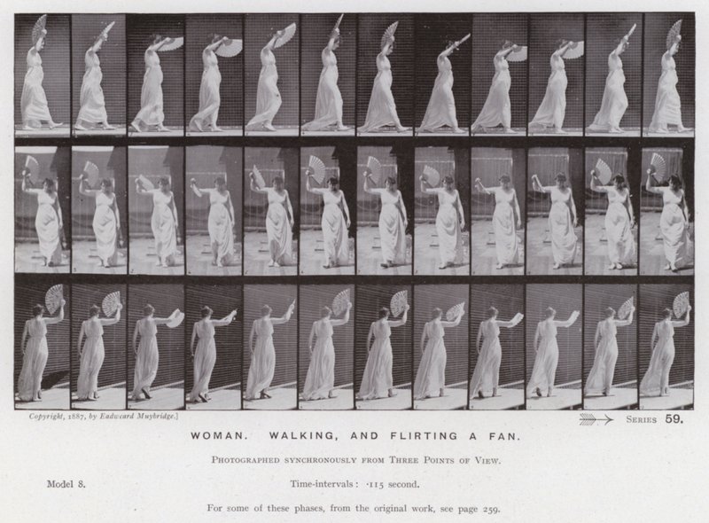De menselijke figuur in beweging: Vrouw, lopen en met een waaier flirten door Eadweard Muybridge