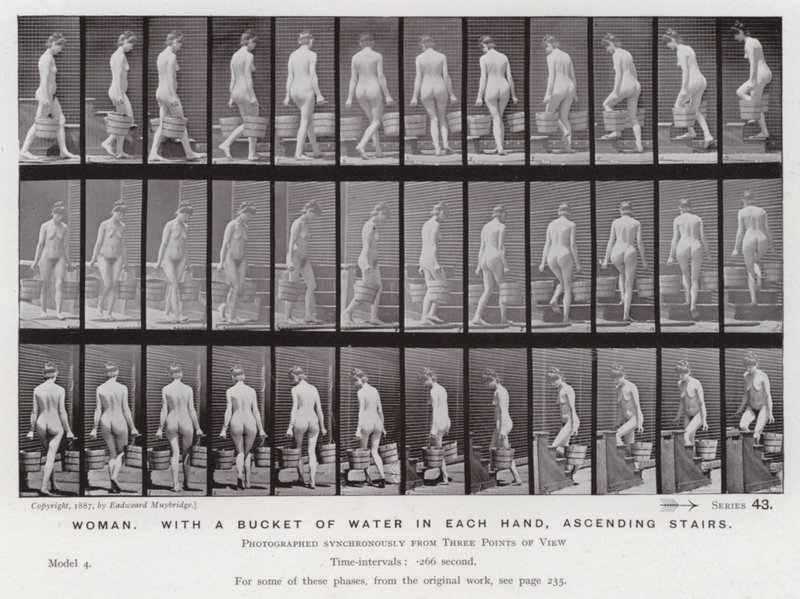 Het Menselijk Lichaam in Beweging: Vrouw, met een emmer water in elke hand, trap oplopend door Eadweard Muybridge