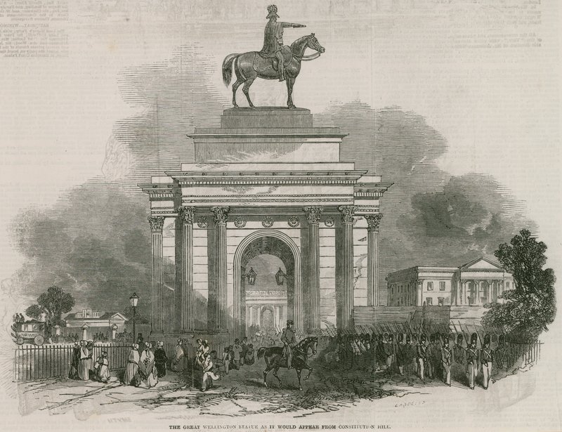 Het grote Wellington standbeeld en Boog zoals het zou verschijnen vanaf Constitution Hill door Ebenezer Landells