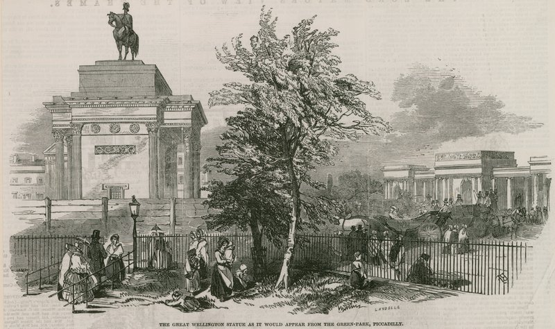 Het grote Wellington-standbeeld en de boog zoals het zou verschijnen vanaf Green Park, Piccadilly door Ebenezer Landells