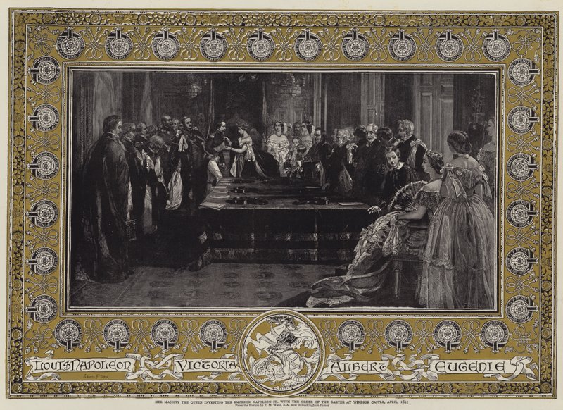 Hare Majesteit de Koningin investeert de Keizer Napoleon III met de Orde van de Kousenband in Windsor Castle, april 1855 door Edgar Melville Ward