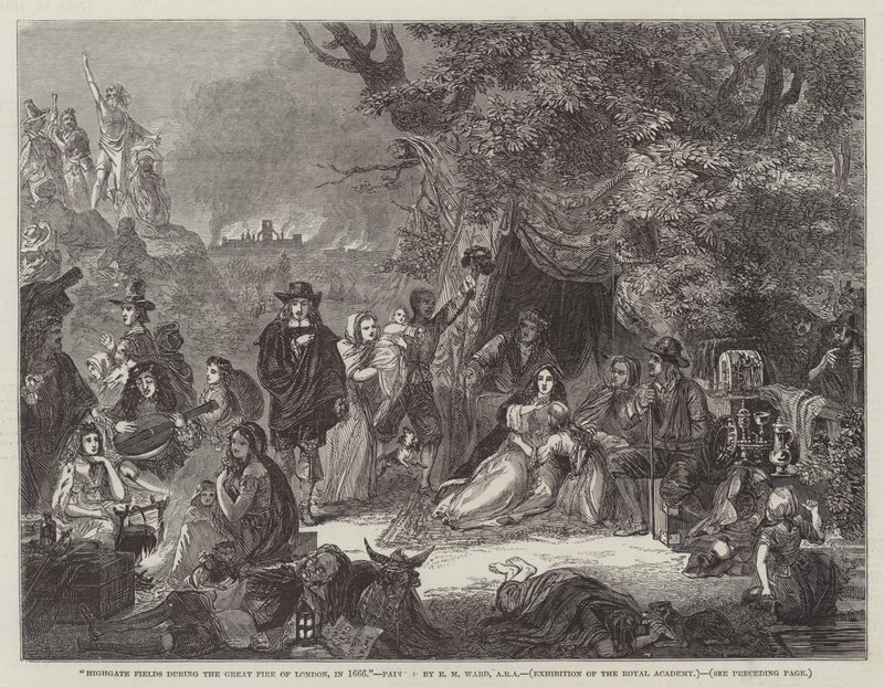 Highgate Fields tijdens de Grote Brand van Londen, in 1666 door Edgar Melville Ward
