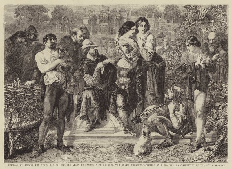 Scène, Grasveld voor het Paleis van de Hertog; Orlando Staat op het Punt te Vechten met Charles, de Worstelaar van de Hertog door Edmond Morin