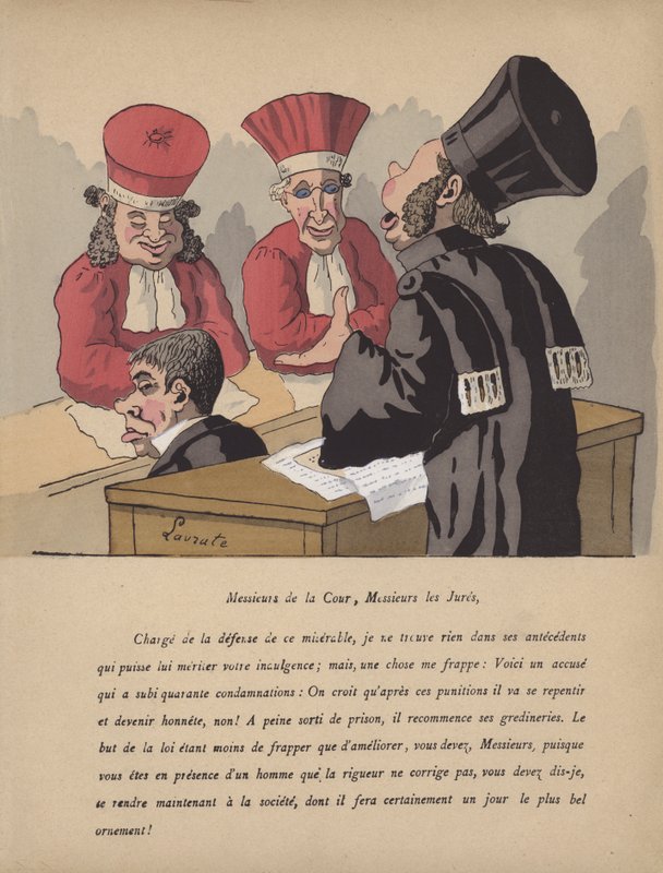 Rechtszaalscène (kleur litho) door Edmond Lavrate