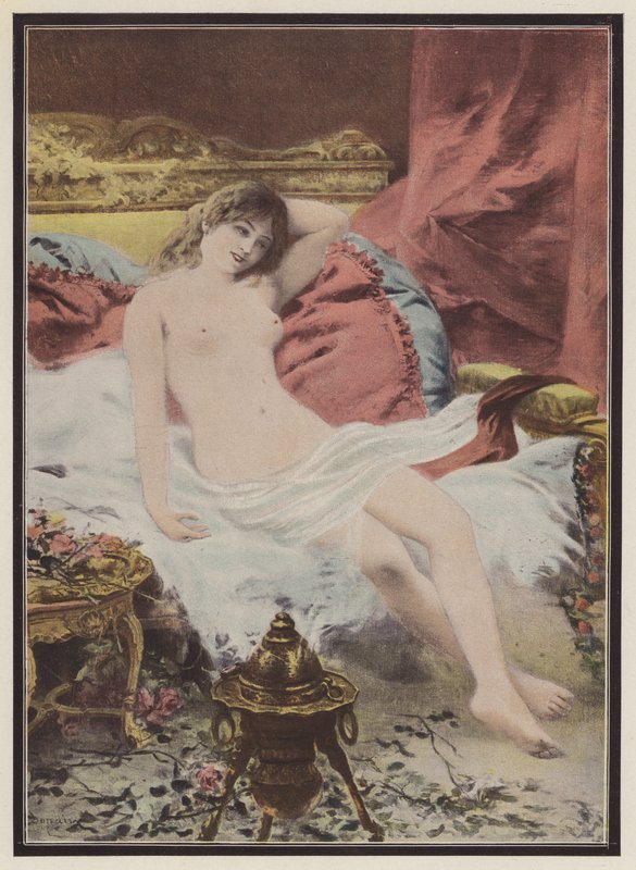 Delirium, vrouw zittend op een bank door Edmond Louis Dupain