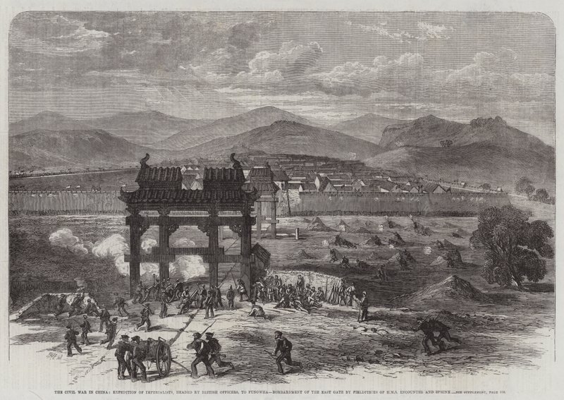 De burgeroorlog in China, expeditie van imperialisten, geleid door Britse officieren, naar Fungwha, bombardement van de oostpoort door veldstukken van HMS Encounter en Sphinx door Edmund Morison Wimperis