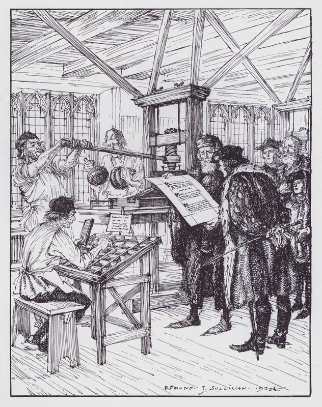 William Caxton in zijn drukkerij door Edmund Joseph (after) Sullivan