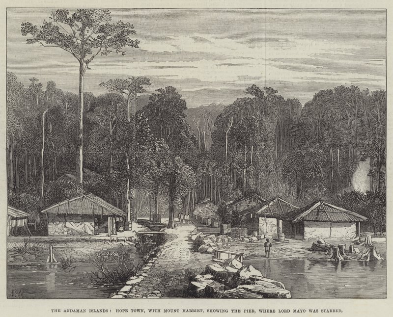 De Andaman Eilanden, Hope Town, met Mount Harriet, toont de Pier, waar Lord Mayo werd gestoken door Edmund Morison Wimperis